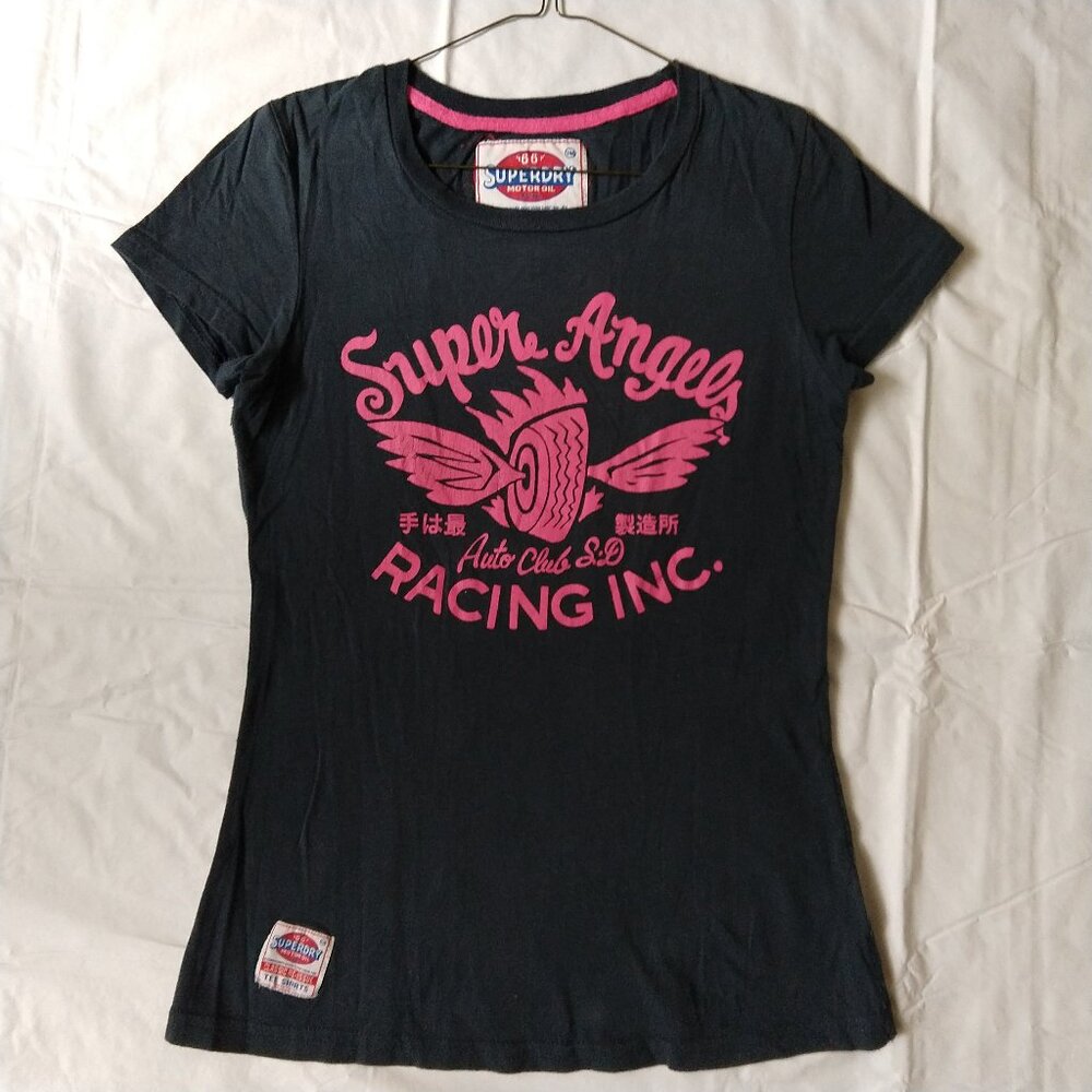 Women's Superdry Super Angels Racing Inc. Graphic T, Blue and Pink, Size Small.
